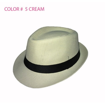 Straw Fedora Hat Trilby Cuban Cap Summer Beach Sun Panama Short Brim Men