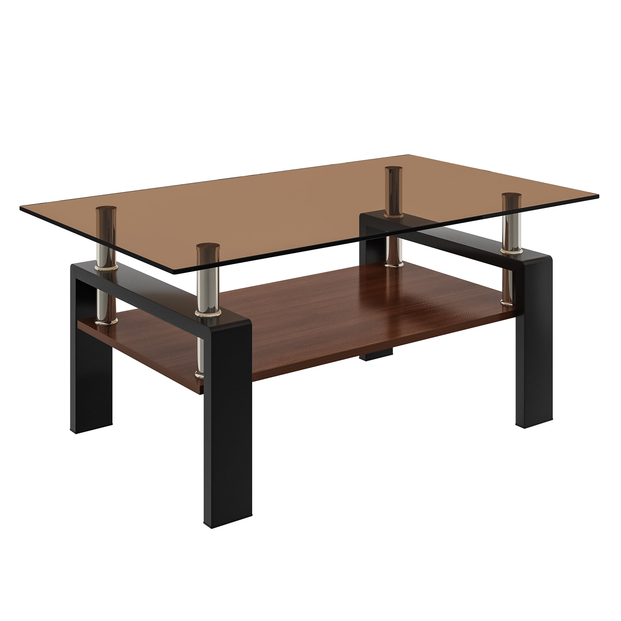 MAYEERTY Rectangle Coffee Table with Brown Tempered Glass & MDF Shelf