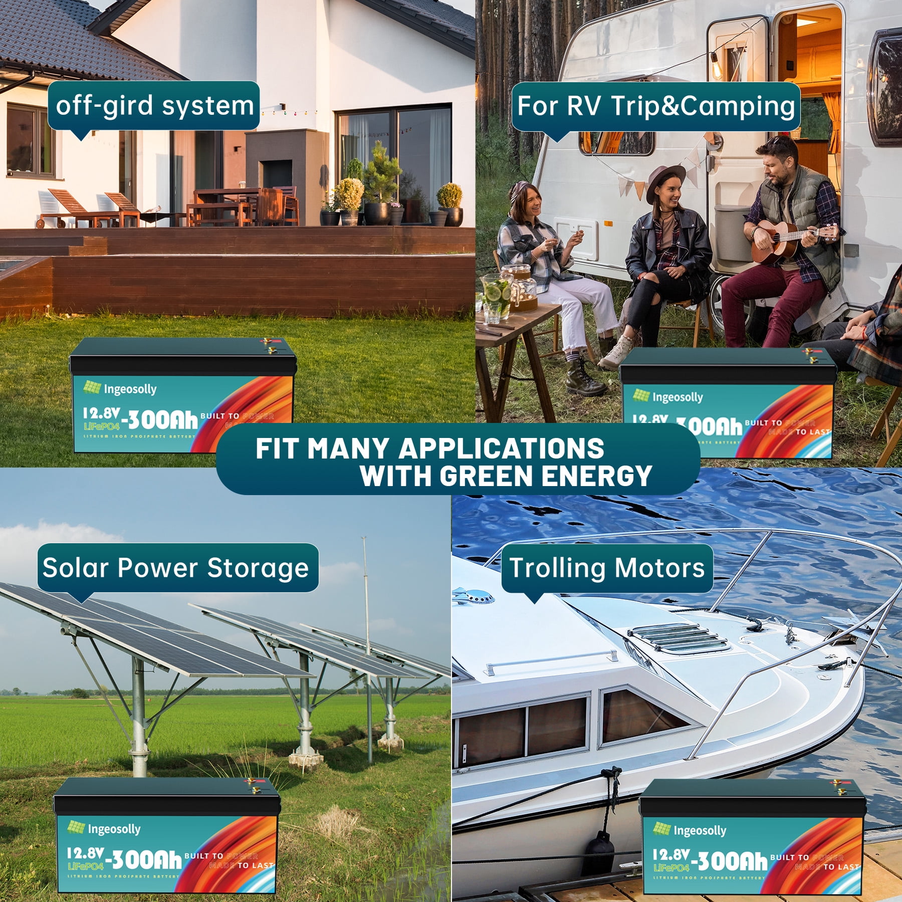 4PACK 12V 300AH LiFePO4 Lithium Battery,Built-in 200A BMS,for Solar,RV,Camping,Golf Carts,Trolling Motor,Marine,off-Grid,Backup Power,Motorhome,Ingeosolly 12.8 Volt Deep Cycles Battery