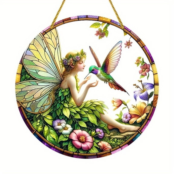 Btomtd 8" 2D Acrylic Round Wreath with Forest Green Hummingbird, Window Hanging Wreaths Gift Idea, Decorative Acrylic Wall Garland for Living Room, Multicolor