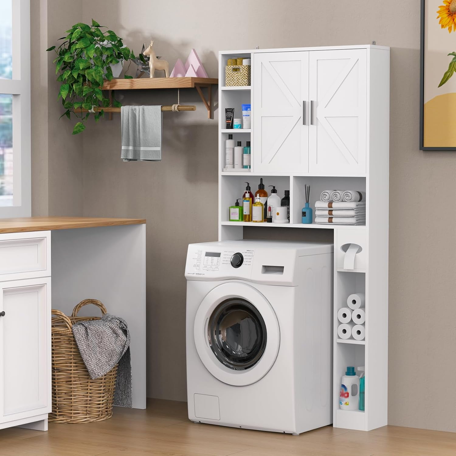 Frmobepts Over The Toilet Storage Cabinet with Toilet Paper Holder Stand, Above Toilet Organizer with Doors, Behind Toilet Shelf for Restroom, Bathroom, Laundry, White