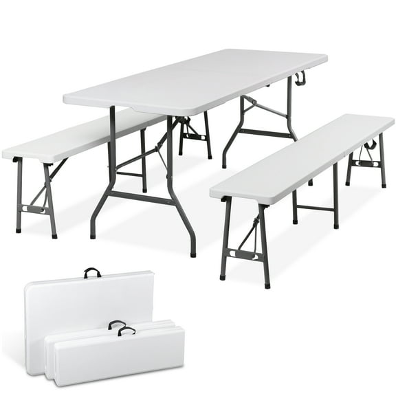 REKHH  Picnic Table Set with 2 Benches, 6 Feet Camping Table Chair Set,3-Piece Folding Furniture for Indoor or Outdoor Use, Smooth Tabletop, White