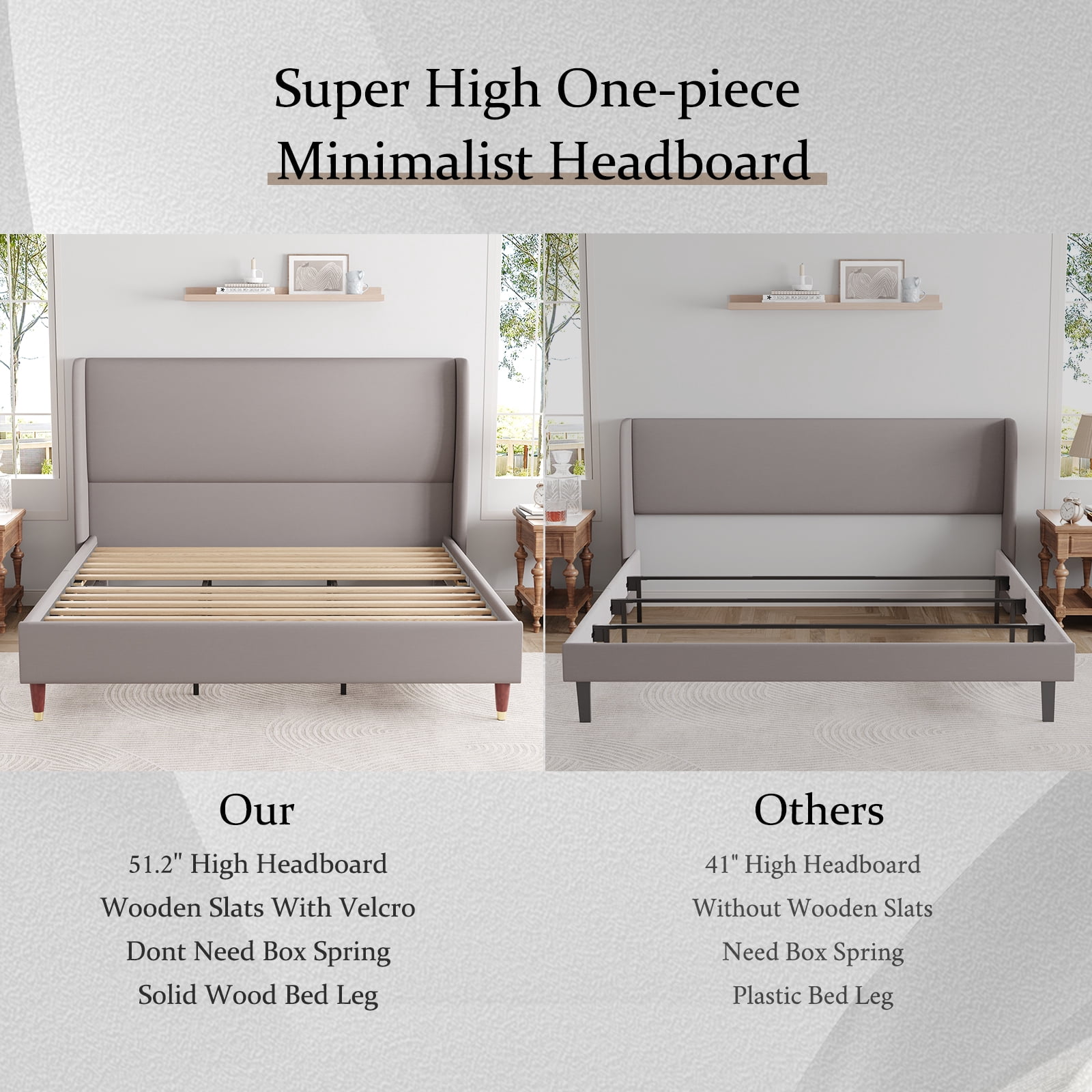 Merluxy 51.2" King Bed Frame with High Headboard,Upholstered Bed,Light Grey