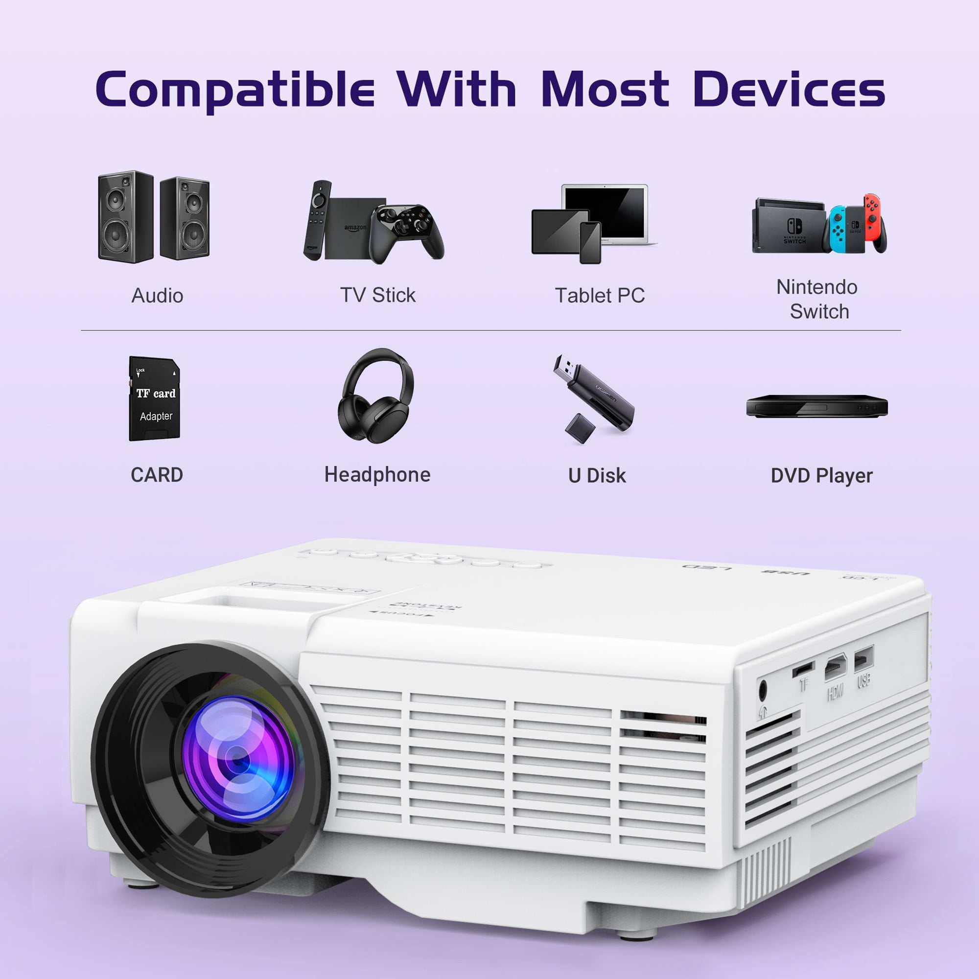 GCZ Projector with Bluetooth, Supports 1080P, Portable Home