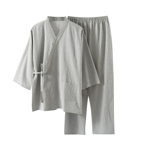 YWDJ Cotton Pajama Pants Men Gray Lightweight Solid 3/4 Sleeve Robes with Pockets 2 Piece Long Pants V Neck Loungewear XL