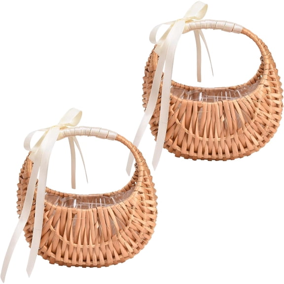 2 PCS Wicker Rattan Flower Baskets Small Half Moon Wicker Basket with Handle and Ribbons Wedding Flower Girl Straw Basket Willow Woven Storage for Wedding Party Decor(Brown)