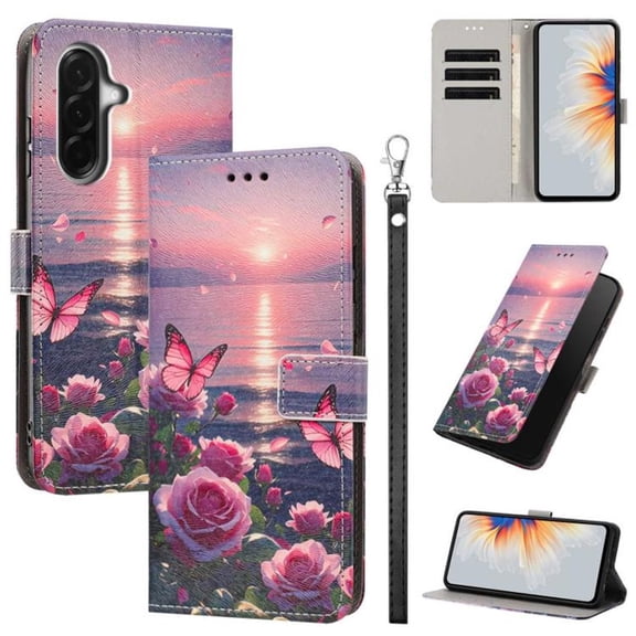 Leather For Samsung Galaxy A57 5G 6.7-inch Wallet Case Crystal Material Butterflys&Flowers, With Card Holder,Wristband, Magnetic Clasp Kickstand Folio Cover,Color-1,For Galaxy A57 5G