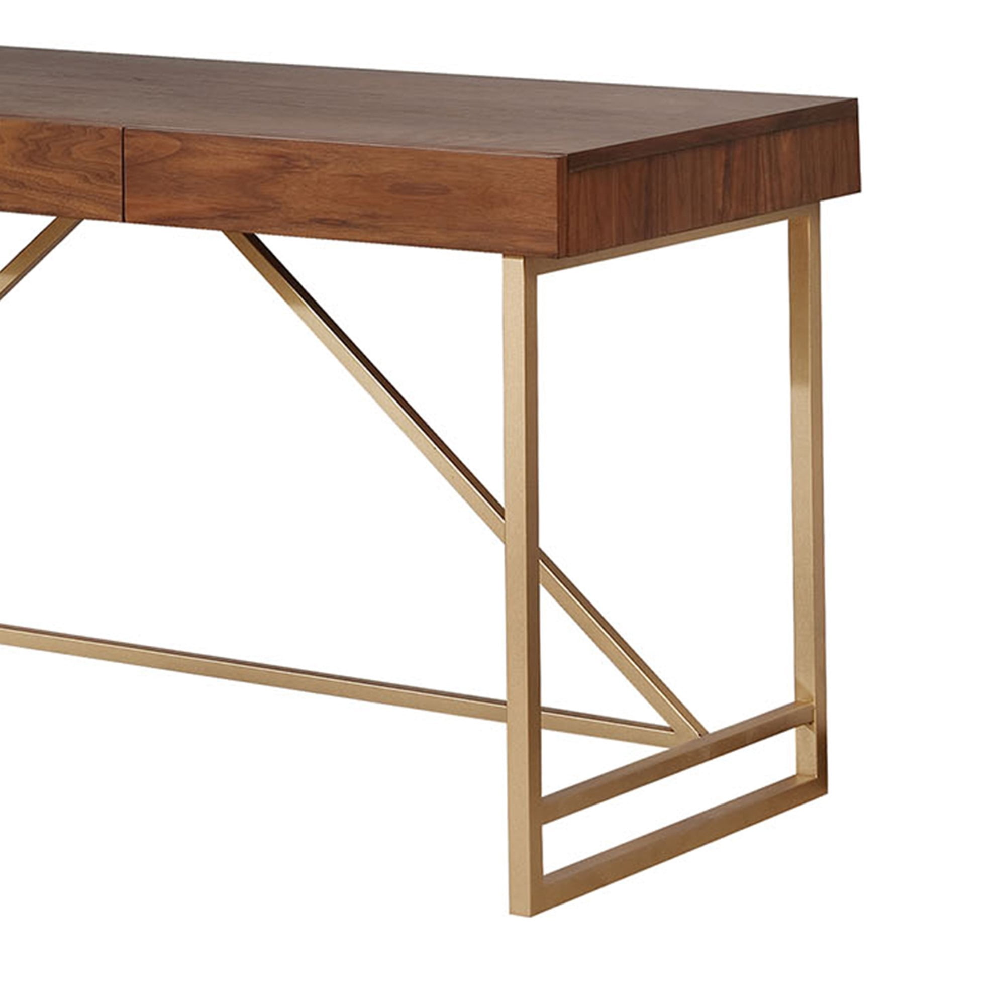 Wooden Writing Desk with Metal Legs, Walnut Brown Gold