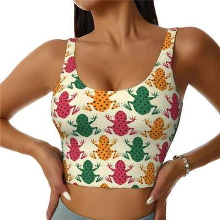 Adobk Colorful Frogs Print Sports Bras for Women Longline Workout Crop Tank Tops Padded with Built in Shelf Padded Sports Bra-Large