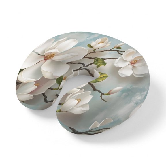 Neck Pillow for Travel,White Floral Magnolia Leaf Memory Foam U Shaped Pillows,Portable Headrest Farmhouse Classic Flower Neck Head Support Cushion for Home Office Car Airplane Sleeping