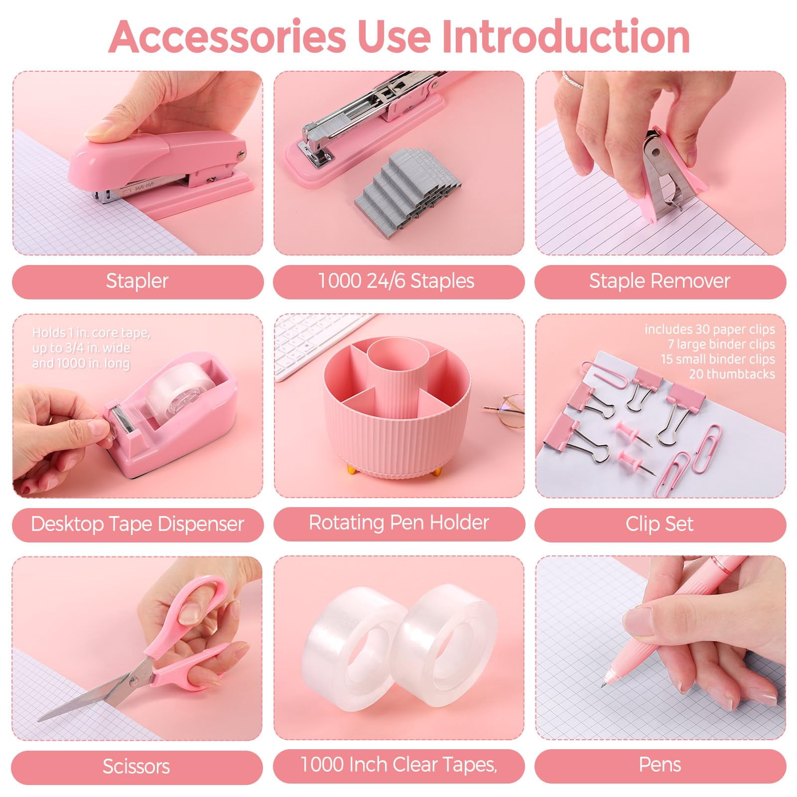 Pink Office Supplies Set  Pencil Holder For Desk Gel Pen Stapler Tape Dispenser Clips And 1000pcs Staples Decor Women Accessories