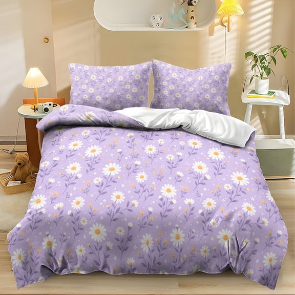 ZIATUBLES Lavender Daisy Print Twin Size Duvet Cover Set, 3 Pieces Soft Cozy Bedding, 1 Duvet Cover & 2 Pillowcases, Easy Care Lightweight Bedding for All Season, Chic Modern Decor