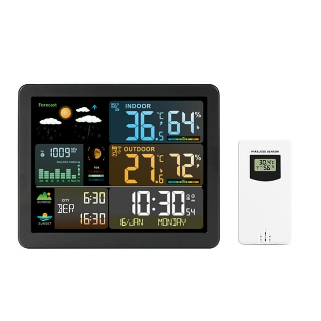 Clock with Temperature,Light Up Alarm Clock Color Screen Weather Clock Electronic Clock Indoor and Outdoor Temperature and Humidity Meter Rf Wireless Weather Alarm Clock