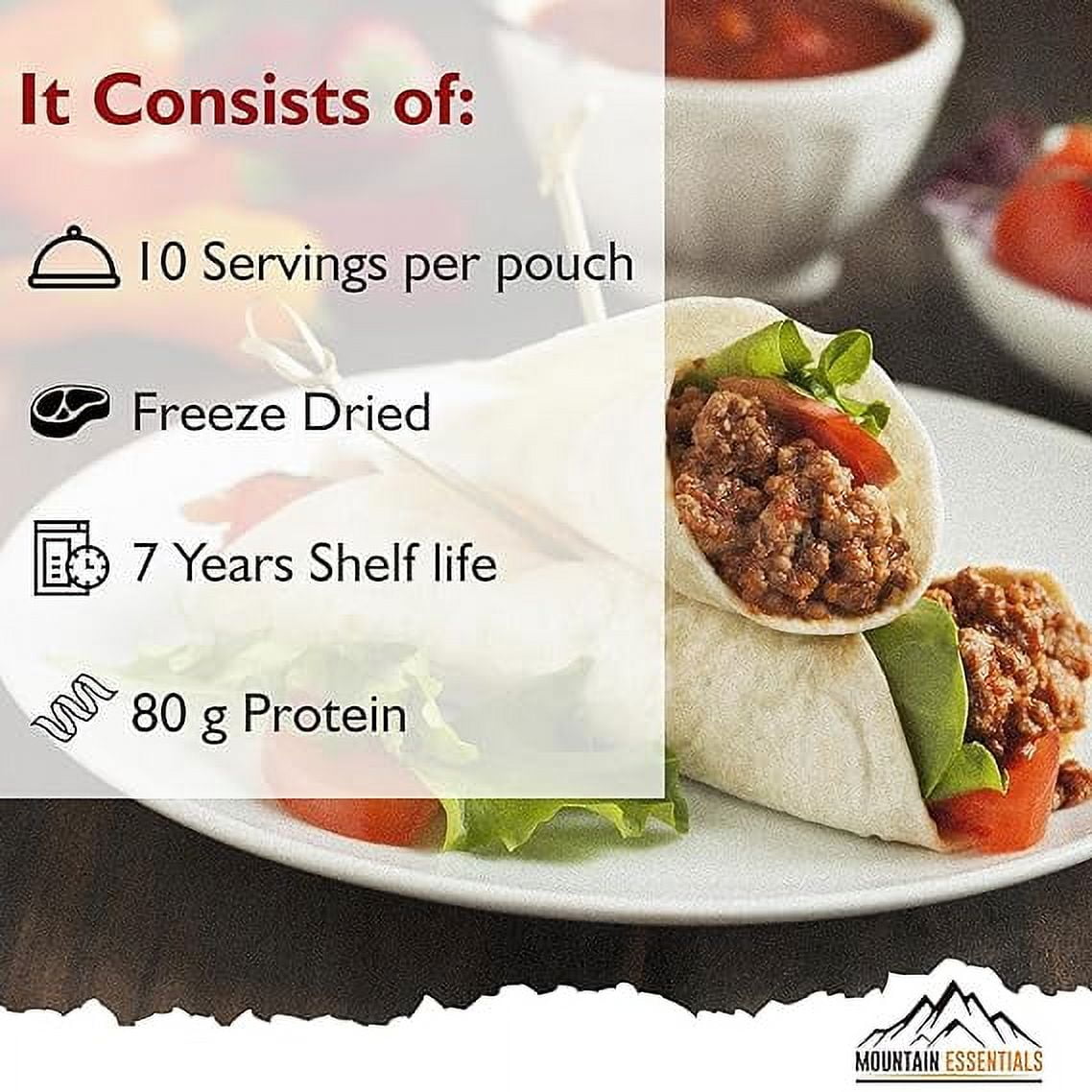 Mountain Essentials Freeze-Dried Ground Beef – Pre-Cooked Ready-to-Eat Hamburger Meat for Meal Prep, Camping, Emergency Food – 10 Servings per Pouch – Pack of 12