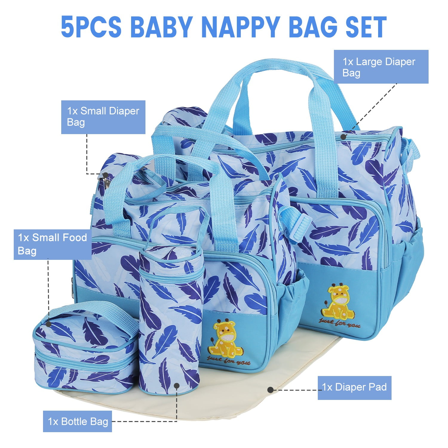 5Pcs Mummy Diaper Tote Bag Baby Nappy Bag with Diaper Pad Food Bag Bottle Bag Travel Tote Bags for Mom Dad Light Blue