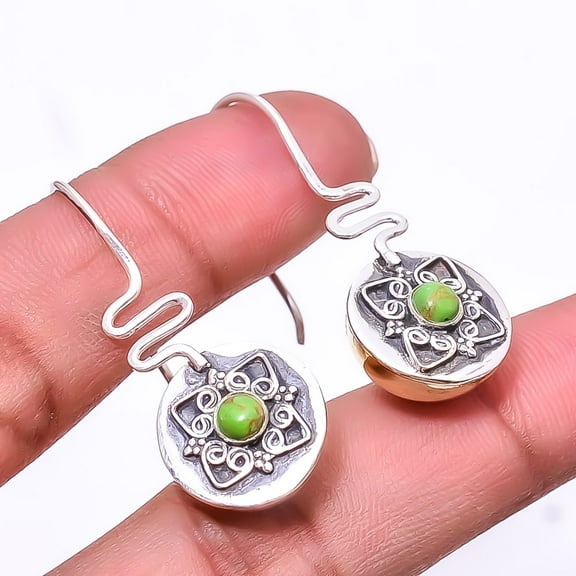 Copper Green Turquoise 925 Sterling Silver Two Tone Earring 1.56" E_9361_234_36, Beautiful Jewelry For Woman, New Year Sale, Valentin's Day Gift