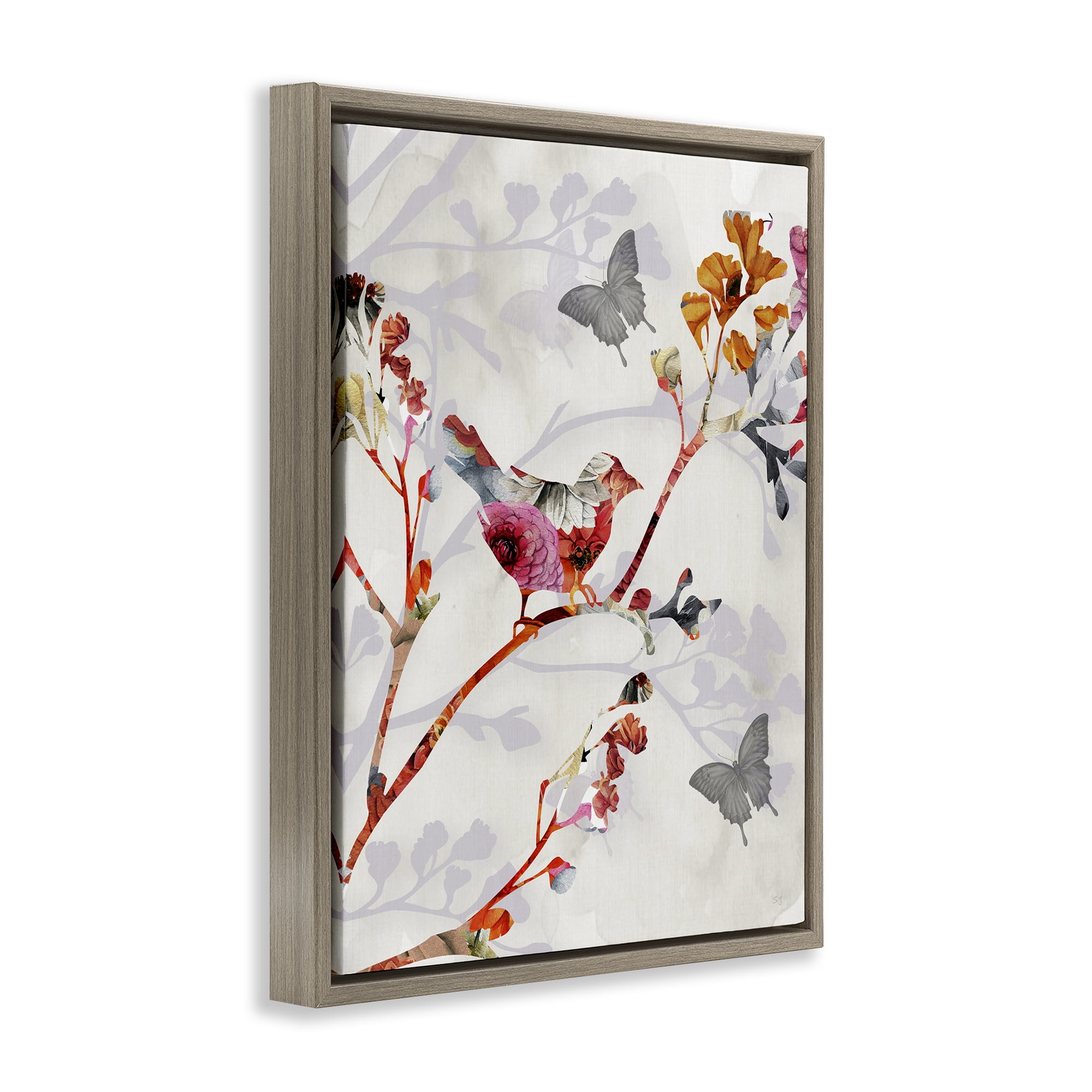 Stupell Industries Birds & Butterflies Nature Landscape Painting Brown Floater Framed Canvas Art Print Wall Art, 25 x 31