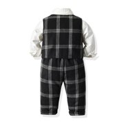 Suilloe Toddler Boys Outfit Sets Solid Long Sleeve Tops And Plaid Vest Pants Set Kids Boys Formal Elegant Wedding Birthday Party Party Gentleman Outfits Sets,3 Piece,18 -24 Months