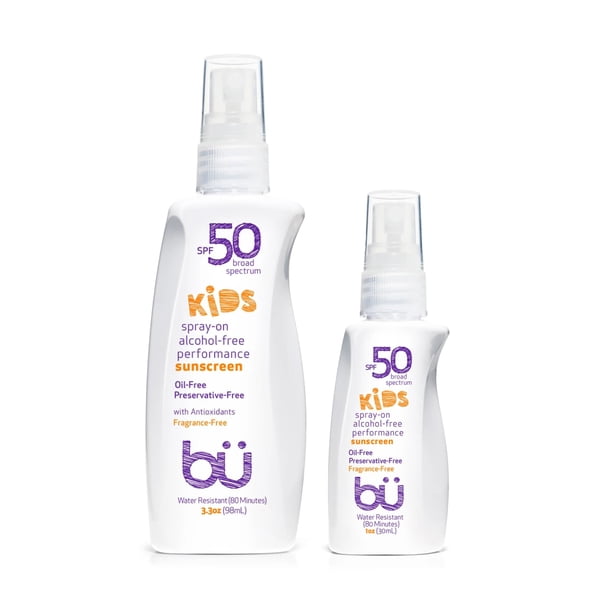 BU SPF 50 Spray de protección solar para niños para rostro y cuerpo Sin fragancia TSA Tamaño de viaje Protector solar transparente No graso Resistente al agua para pieles sensibles Paquete de 3.3 oz y