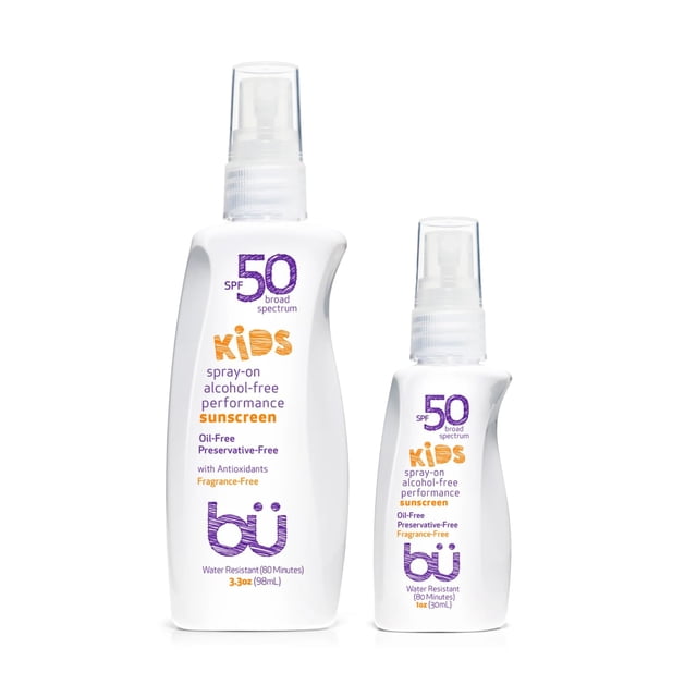 BU SPF 50 Spray de protección solar para niños para rostro y cuerpo Sin fragancia TSA Tamaño de viaje Protector solar transparente No graso Resistente al agua para pieles sensibles Paquete de 3.3 oz y