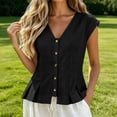 thumbnail image 2 of Women's Cotton Linen V-Neck Tank Top Ihhxva Sleeveless Pleated Button Peplum Hem Stretchable Summer Breathable Lightweight S-2XL, 2 of 9