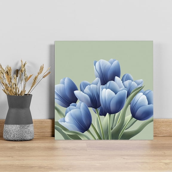 Navy Blue Tulip Wall Art Painting on Canvas, Chic Elegant Flowers Botanical Sage Green Canvas Art Home Prints Wall Art Framed Modern Artwork for Living Room Bedroom Wall Decor 8x8in