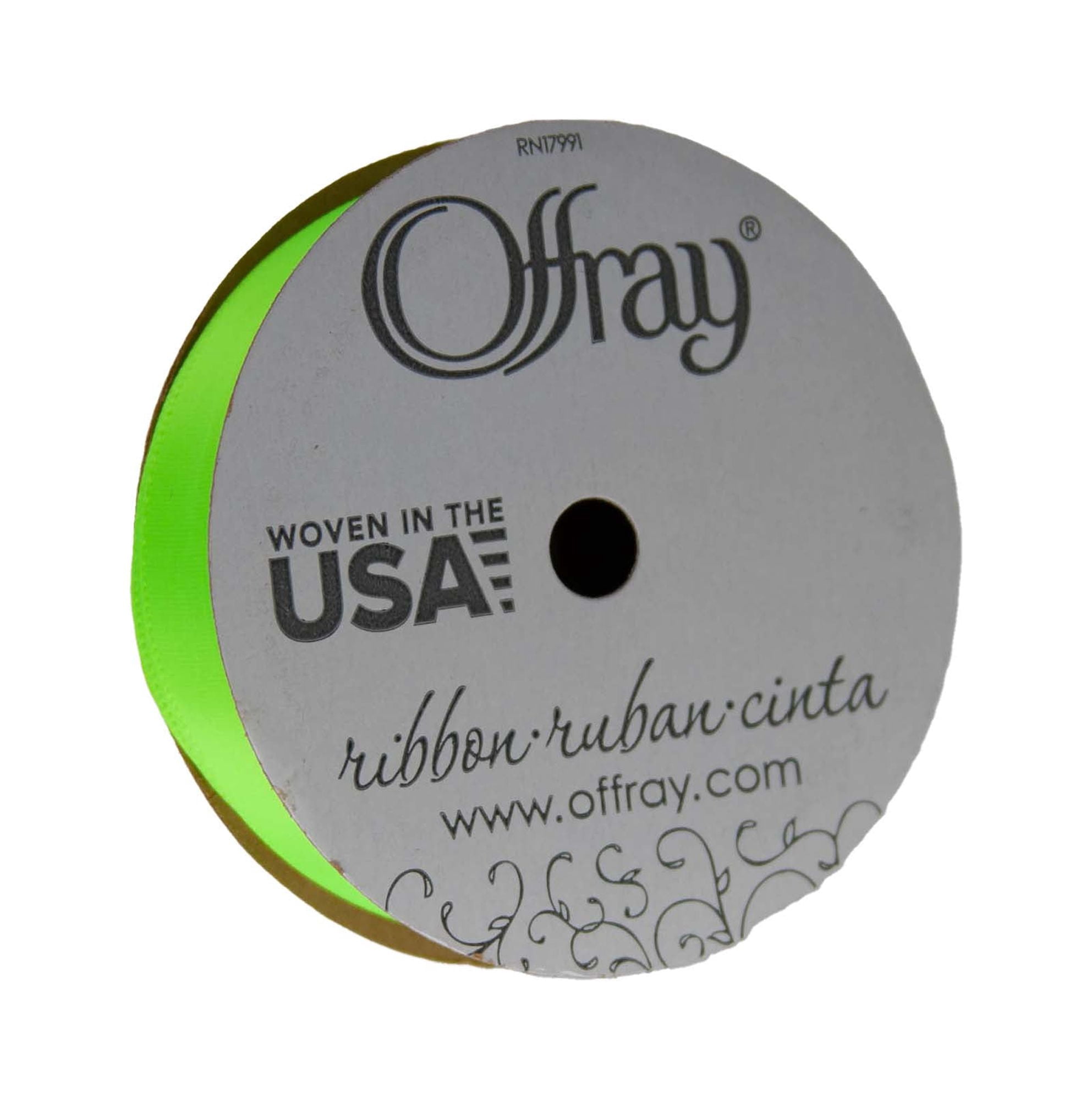 Offray Ribbon, Neon Green 5/8 inch Single Face Satin Polyester Ribbon, 18 feet