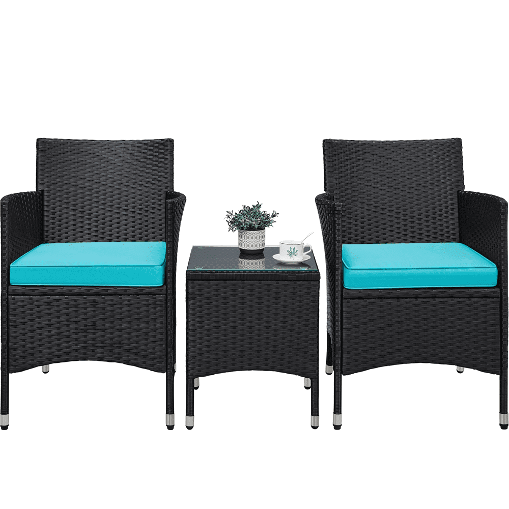 Yaheetech 3-Piece Wicker Furniture Set with Side Table, Black/Cyan
