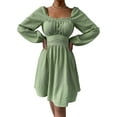 thumbnail image 2 of SAYOO Vestido de primavera para mujer, vestido de cintura alta fruncido con cuello cuadrado liso de manga larga, trajes hasta la rodilla con lazo en la cintura para mujer SAYOO  moda, 2 of 7