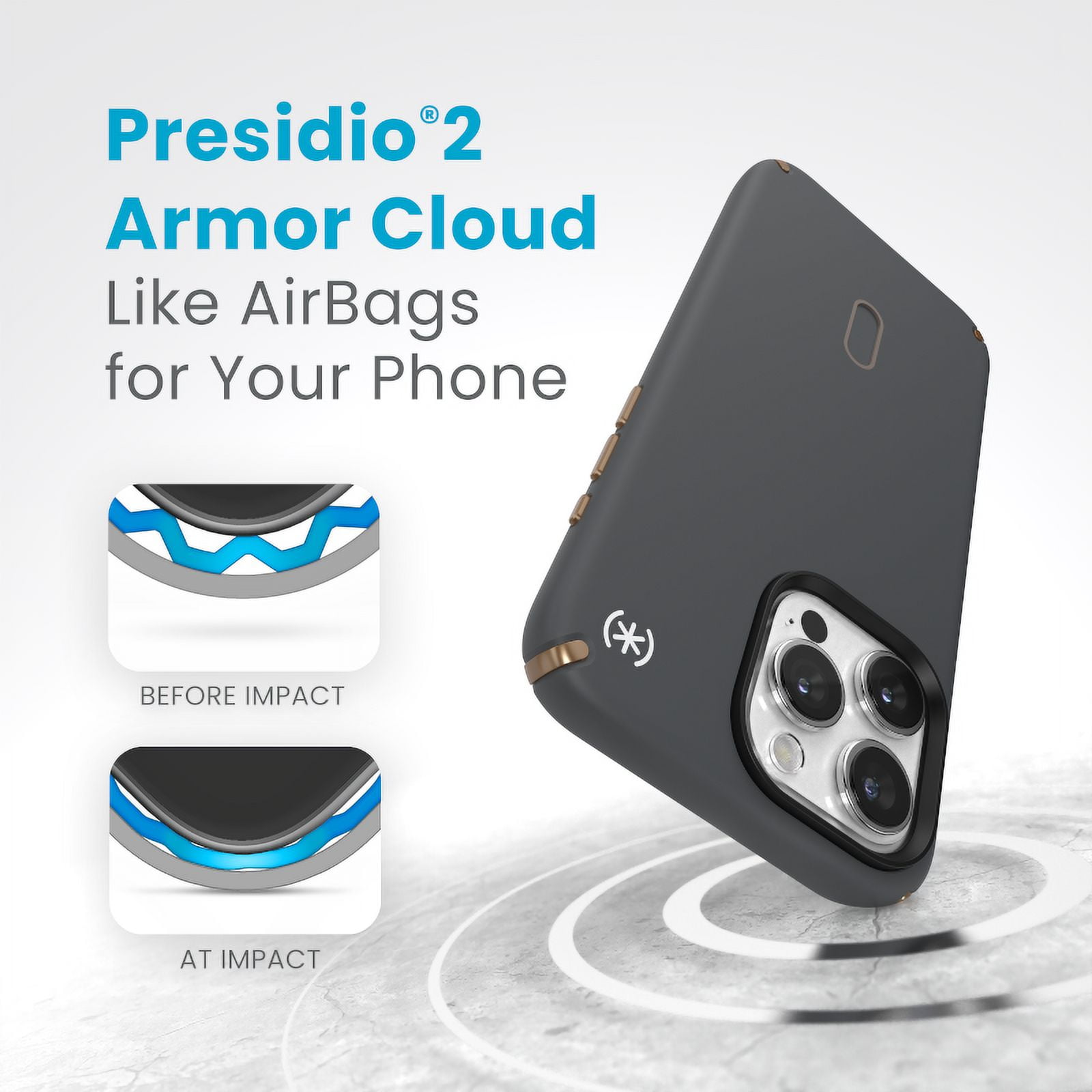 Speck iPhone 15 Pro Max Case-Presidio2 Pro-ClickLock-MagSafe-6.7 Inch Phone Case-Charcoal Grey/Cool Bronze/White