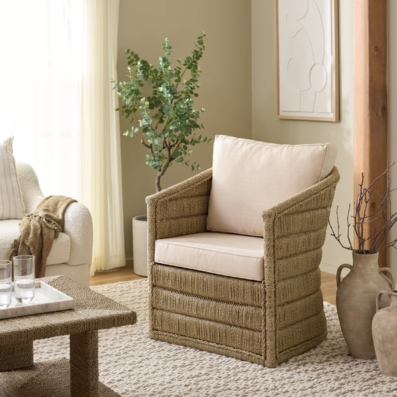 Safavieh Aikan Coastal Rattan Pole and Fabric Dining Arm Chairs, Natural/White
