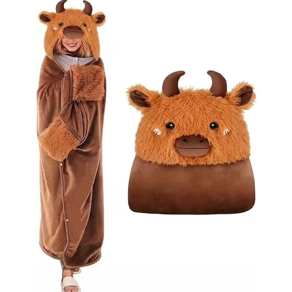 Highland Cow Wearable Blanket Hoodie for Men & Women, Thick Premium Plush Faux Fur Cozy Wrap with Large Hood, Freely Movable, Christmas Gifts for Adults