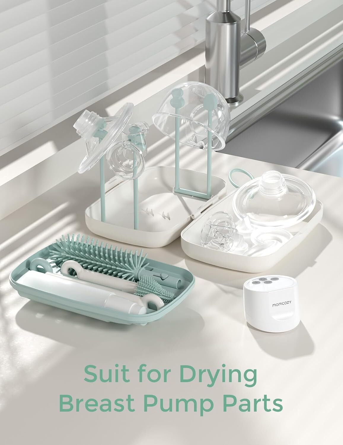 Momcozy Portable Bottle Brush Set - Baby Bottle Cleaner Kit with Silicone Brush, Drying Rack - 6 in 1 Bottle Cleaning Tool for Home and Travel Green 1 Set