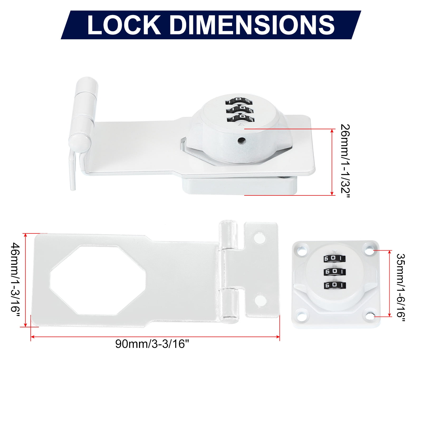 Uxcell Cabinet Password Hasp Lock 3-Digit 180 Degree Barn Door Lock Security Combination Latch Lock for Drawers Cabinet White 3.5"