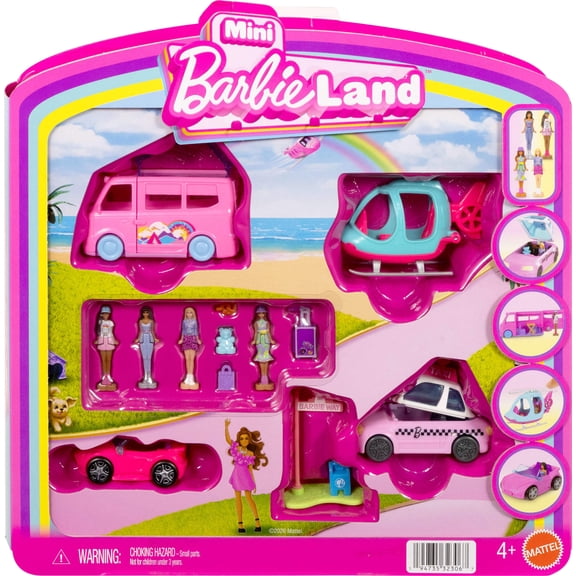 Barbie Mini BarbieLand 4-Pack Doll & Vehicle Set, 4 1.5-inch Dolls, 4 Toy Vehicles & Accessories