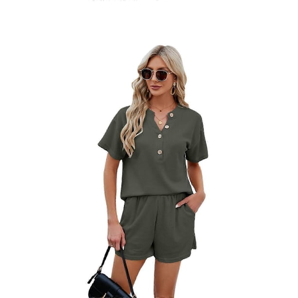 Women 2 Piece Checks Knit Matching Lounge Sets Button V-Neck Short Sleeve Top and Shorts Solid Color Outfits Sweatsuits