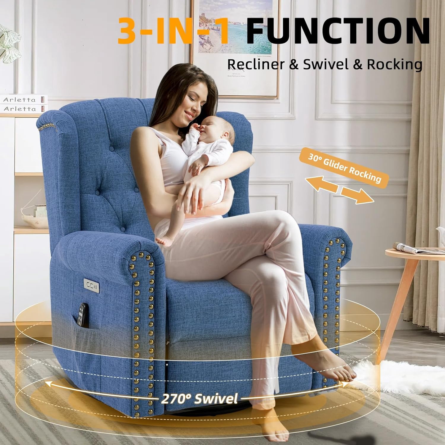 Power Swivel Rocking Glider Recliner Chair, Electric Nursery Reclining Sofa Chair with Heat and Massage, Wingback Tufted Upholstered Recliner for Living Room, USB and Type-C Ports, Blue