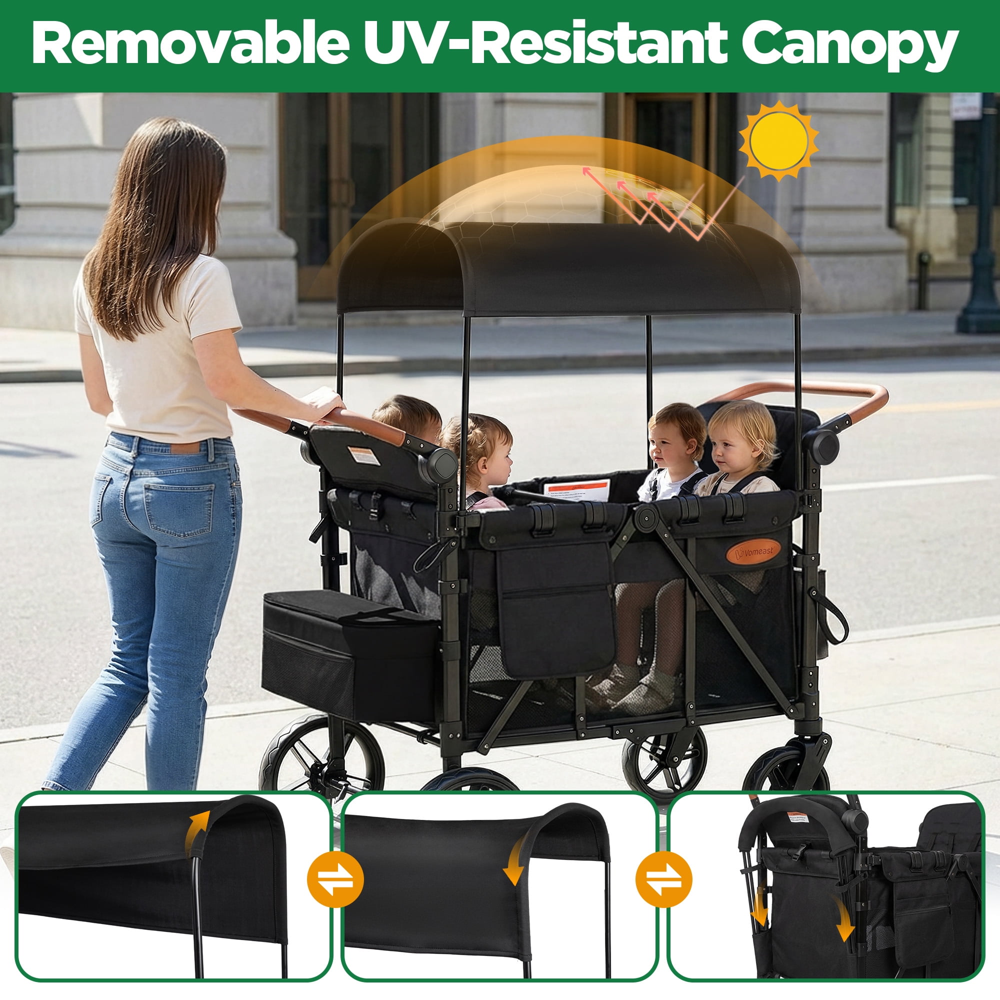 Vomeast Upgrade Wagon Stroller for 4 Kids, 4-Seater Outdoor Baby Stroller Wagon with Canopy, 5-Point Harness, Adjustable Handle(Black)
