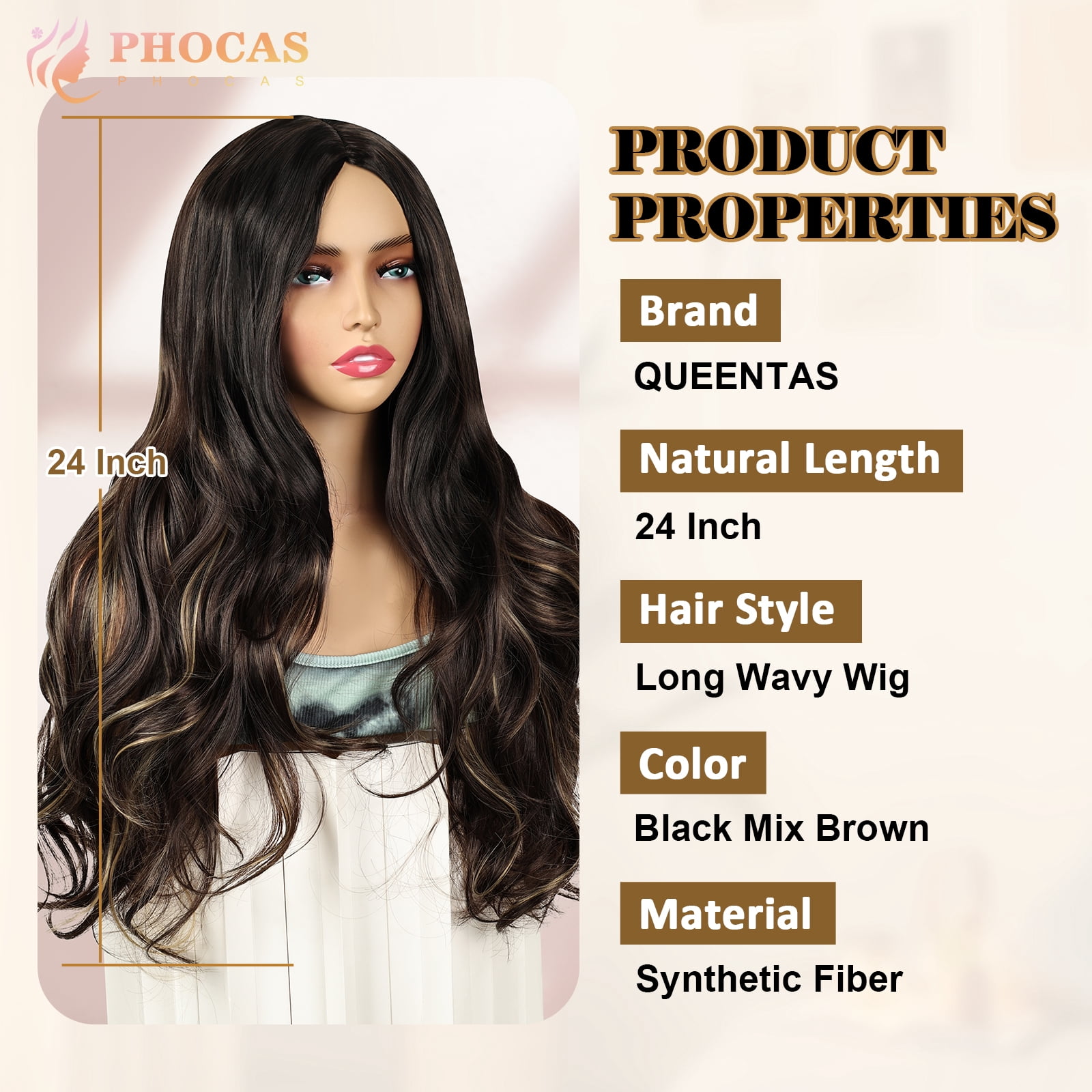 Phocas Long Curly Brown Wigs for Women 26inch Body Wave Highlight Blonde Wig