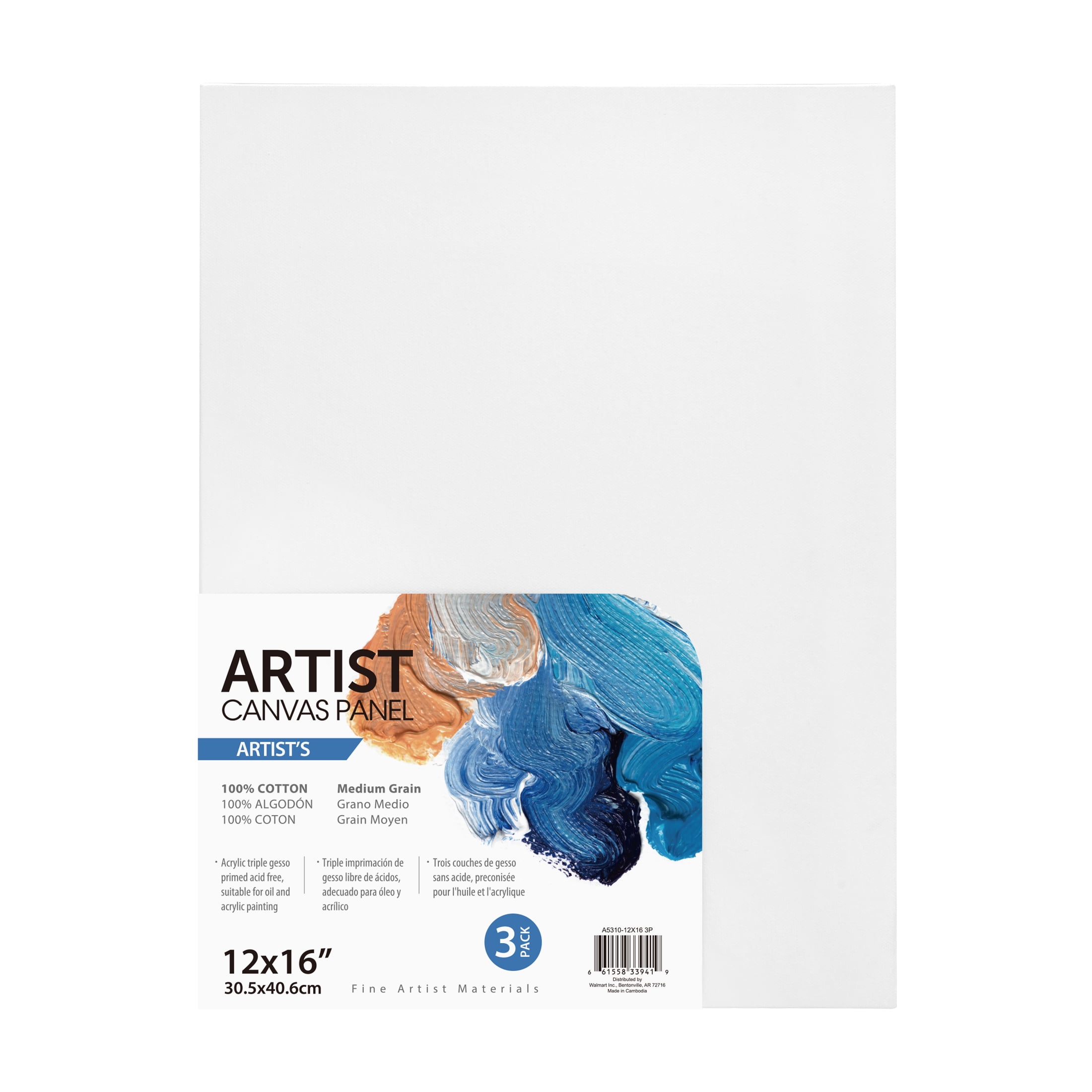 Artist Canvas Panel, 100% Cotton Acid Free White Canvas, 12"X16", 3 Pieces