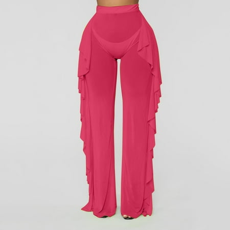 BYHONG Women Mesh Ruffle Trim Cover up Pants Beach Cover up Wrap Bikini Shiny Wraps Cover ups for Swimwear Pants Women Pants S Hot Pink