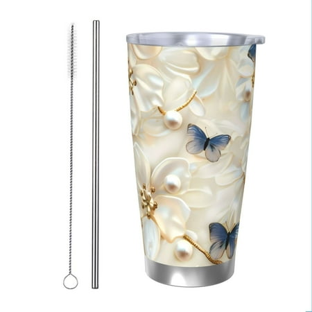 

KLL Elegant Butterflies And Pearls Print 40oz Stainless Steel Insulated Car Cup with Spillproof Lid - Keep Your Drink Hot or Cold on the Go-Straw Two-piece Set