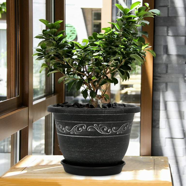 QCQHDU Plant Pots, 3 Packs 12 inch Planters with Drainage Hole Saucer,  Plastic Flower Pots for Indoor Plants Retro Decorative for Outdoor Garden  ...