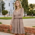 thumbnail image 5 of Women's Long Sleeve Tiered Mini Dress with V-Neckline - Large, Khaki, 5 of 6