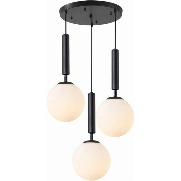 KCO Lighting 3 Light Globe Cluster Pendant Light, Modern Large Milk Glass Chandelier, Mid Century Black Pendant Lighting