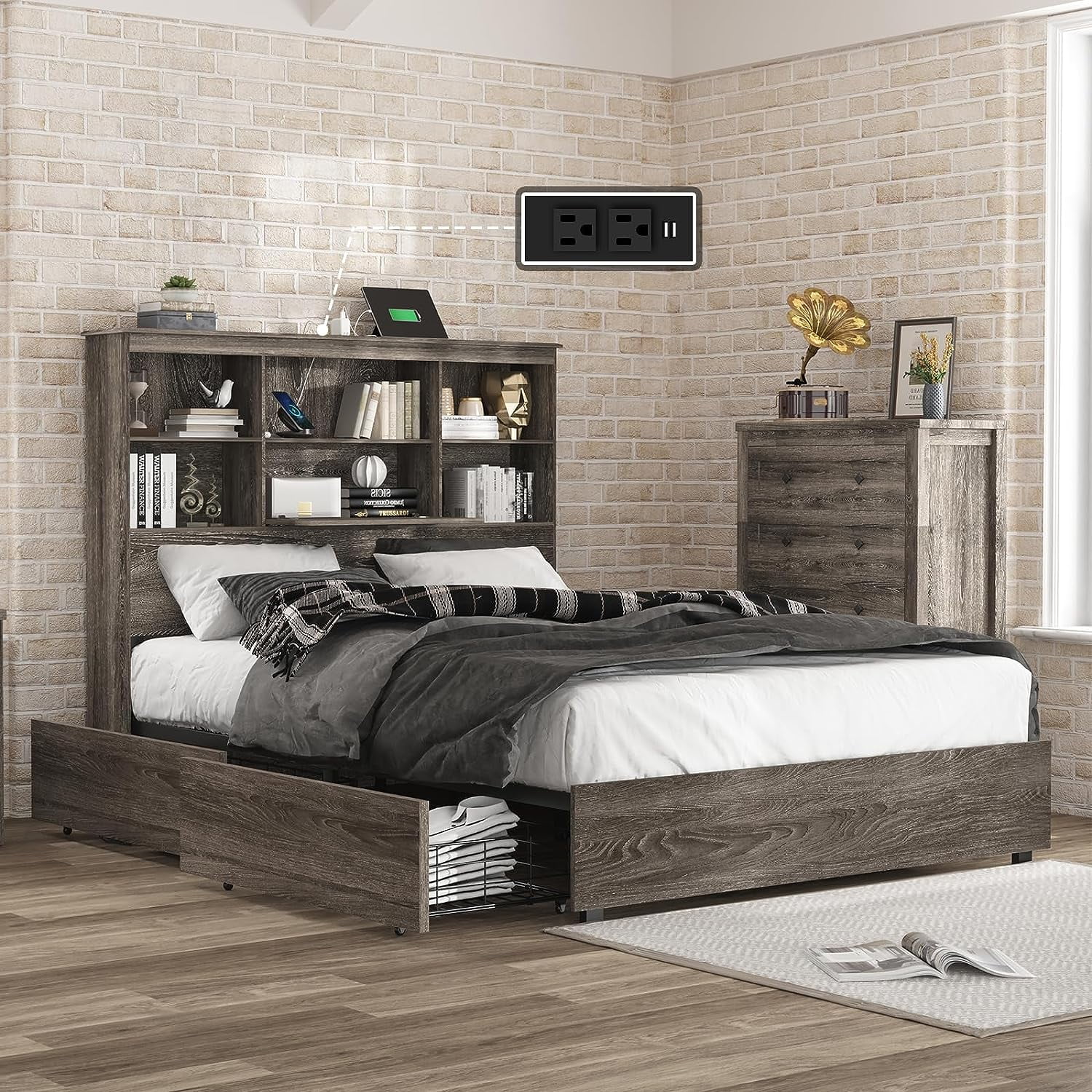 LUXOAK Full Size Bed Frame with Bookcase Headboard, Wooden Storage Bed