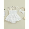 thumbnail image 3 of Musuos Baby Girls Summer Cute Romper Dress 0-18Months Solid Color Sleeveless Adjustable Shoulder Strap Romper with Headband, Pink/White, 3 of 10