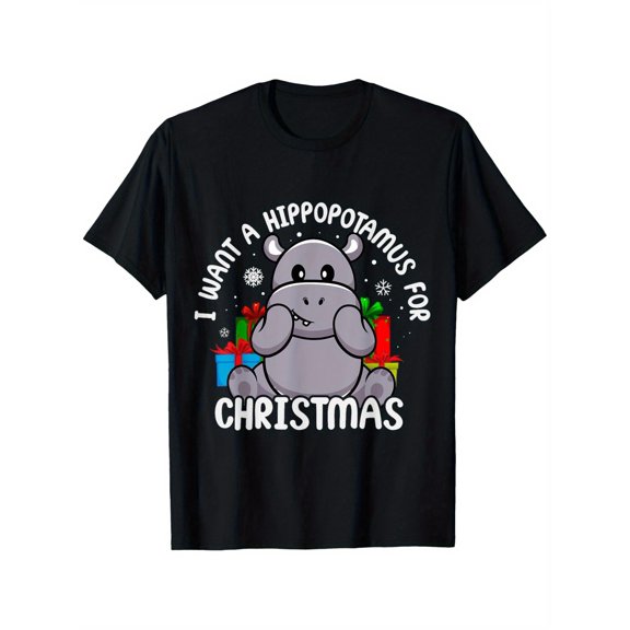 Men's Christmas Hippo Santa Graphic T-Shirt - 3D Festive Holiday Design with Snowflakes & Presents, 100% Cotton 180gsm, Regular Fit Casual Streetwear, Machine Washable S-XXXL