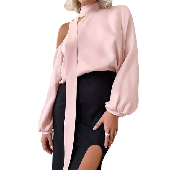 Womens Dressy Casual Off-Shoulder Top, Fashionable Satin Pullover Long-Sleeved Shirt Pink L