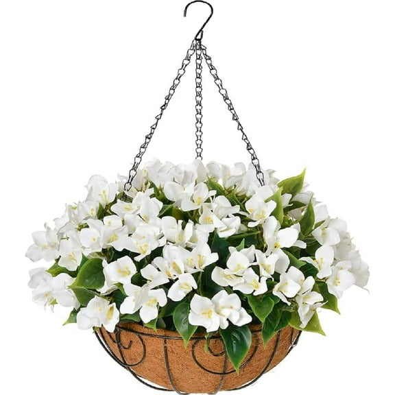 Artificial Faux Hanging Flowers Plants Basket Outdoors Spring Decoration, Fake Silk White Bougainvillea in Pot Planter for Porch Outside Home Indoor Garden Yard Patio Indoor